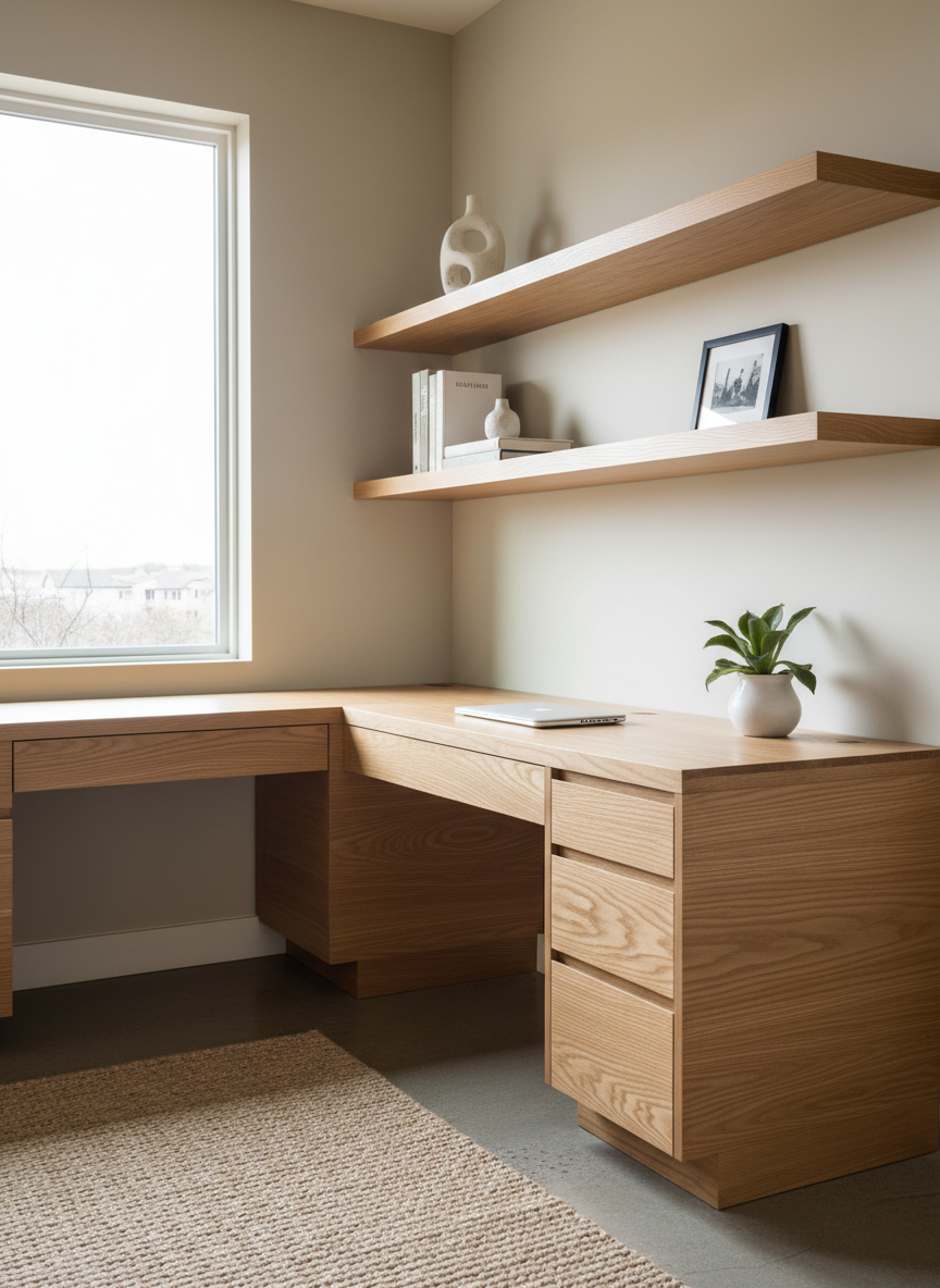 An elegant home office corner features a fully custom L-shaped desk and shelving system in rift-sawn white oak, the linear grain running continuously across drawer fronts for a seamless, contemporary look. The desk surface is uncluttered, with only a closed laptop and a small plant, while thick floating shelves above hold a few neatly arranged books and objects in muted tones. A large window to the side lets in soft, overcast daylight, creating even, flattering illumination with minimal harsh shadows and subtle reflections on the desk’s smooth finish. Photographic realism, eye-level composition with asymmetrical framing that emphasizes depth along the desk. The atmosphere is calm, productive, and polished, ideal for illustrating custom functional furniture solutions for home offices.