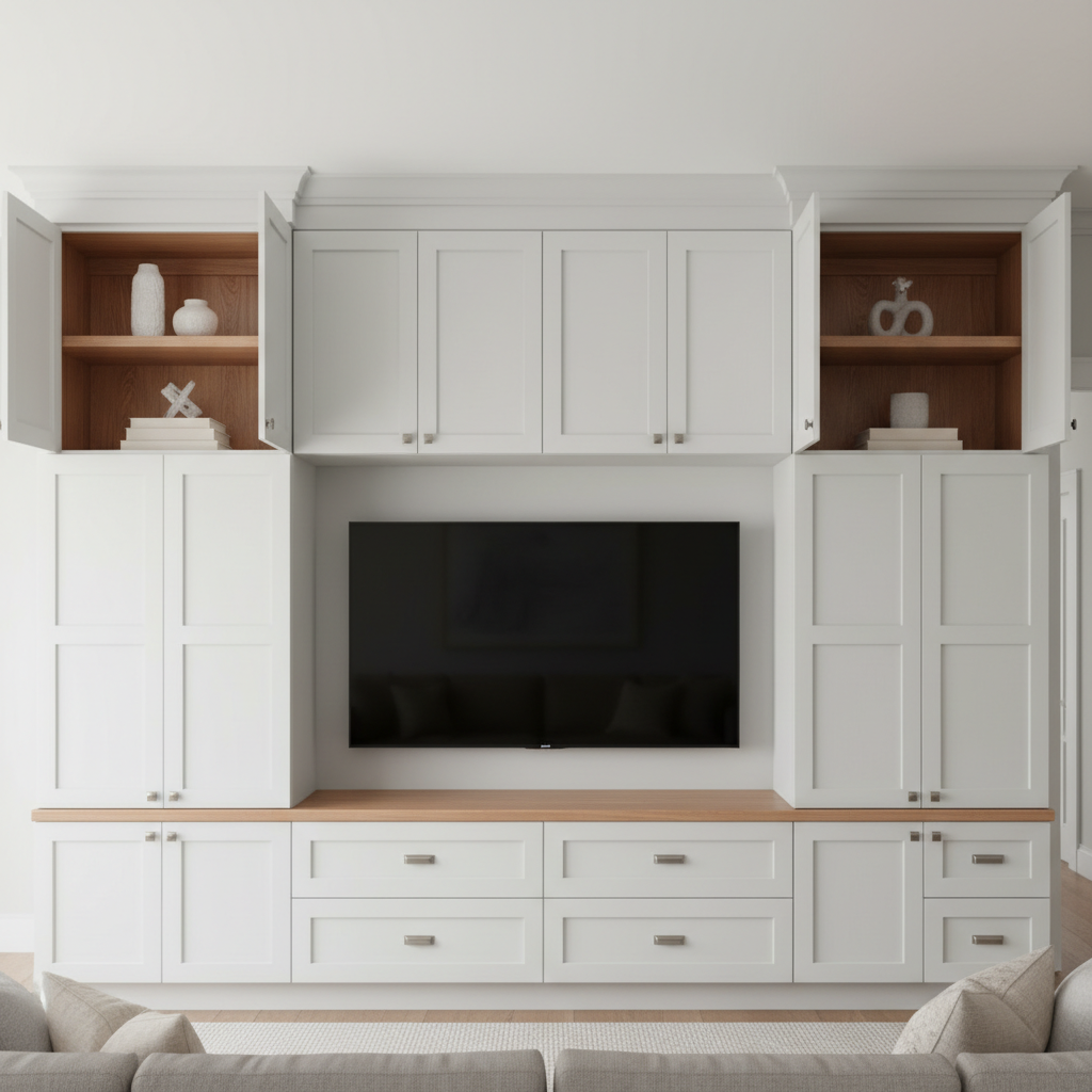 A custom built-in wall of cabinetry fills the frame, featuring shaker-style doors in painted soft white with contrasting natural cherry wood interiors and floating shelves. Discreet inset handles and perfectly aligned reveals emphasize precision joinery. The cabinetry is installed in a clean, contemporary Denver, NC living room, with a low-profile media console seamlessly integrated into the design and a few neutral-toned decorative objects on the shelves. Soft, diffused daylight from an unseen window illuminates the scene, creating gentle highlights on the satin paint and warm glow on the cherry wood. Photographic realism, straight-on composition with sharp focus throughout, conveying organization, quality, and tailored home solutions.