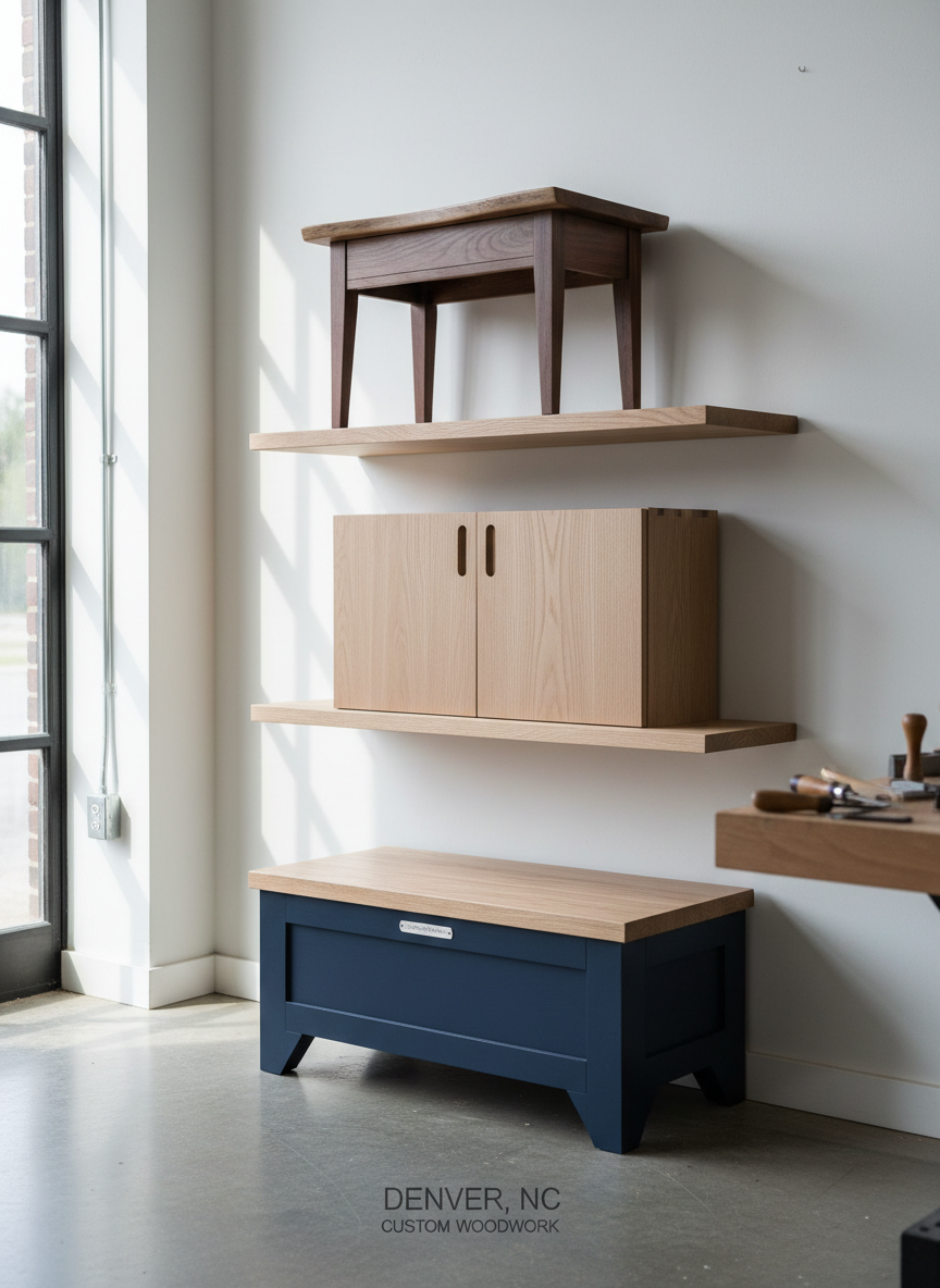 A small gallery of finished woodworking projects is arranged on staggered wall-mounted shelves in a bright studio-like space: a live-edge walnut side table, a pair of minimalist maple cabinet doors, and a compact built-in-style storage bench in painted deep navy with a solid oak top. Each piece demonstrates different joinery and finish styles while maintaining a cohesive, professional aesthetic. Indirect daylight from tall windows creates soft, even lighting and gentle shadows that define forms without distraction. Photographic realism, shot from a slightly elevated, wide angle with sharp focus throughout, allowing each project to be clearly seen without crowding. The mood is confident and curated, ideal for a portfolio or “completed projects” section for a Denver, NC custom woodworking business.