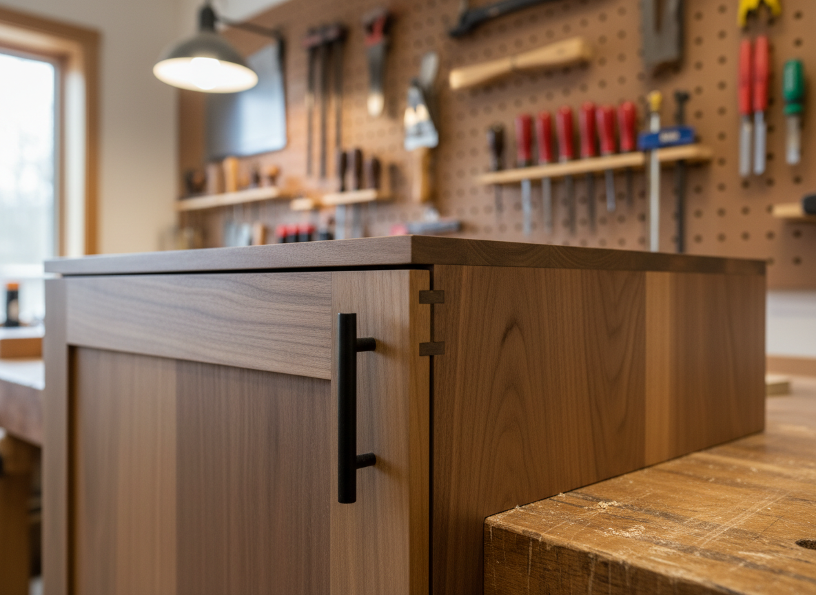A close-up, detail-focused shot of a craftsman-style cabinet corner showcases tight dovetail joints in contrasting maple and walnut, the edges perfectly flush and sanded silky smooth. The cabinet door features a recessed panel and a slim, matte black pull, with the wood finished in a clear satin that emphasizes natural figure and subtle color variation. The piece rests on a clean workbench in a tidy woodworking shop, with softly blurred tools and clamps hanging on pegboard in the background. Overhead workshop lighting and a side window combine to create clear, even illumination with gentle shadows that define edges. Photographic realism, shallow depth of field, emphasizing precision craftsmanship and attention to detail for a professional portfolio section.
