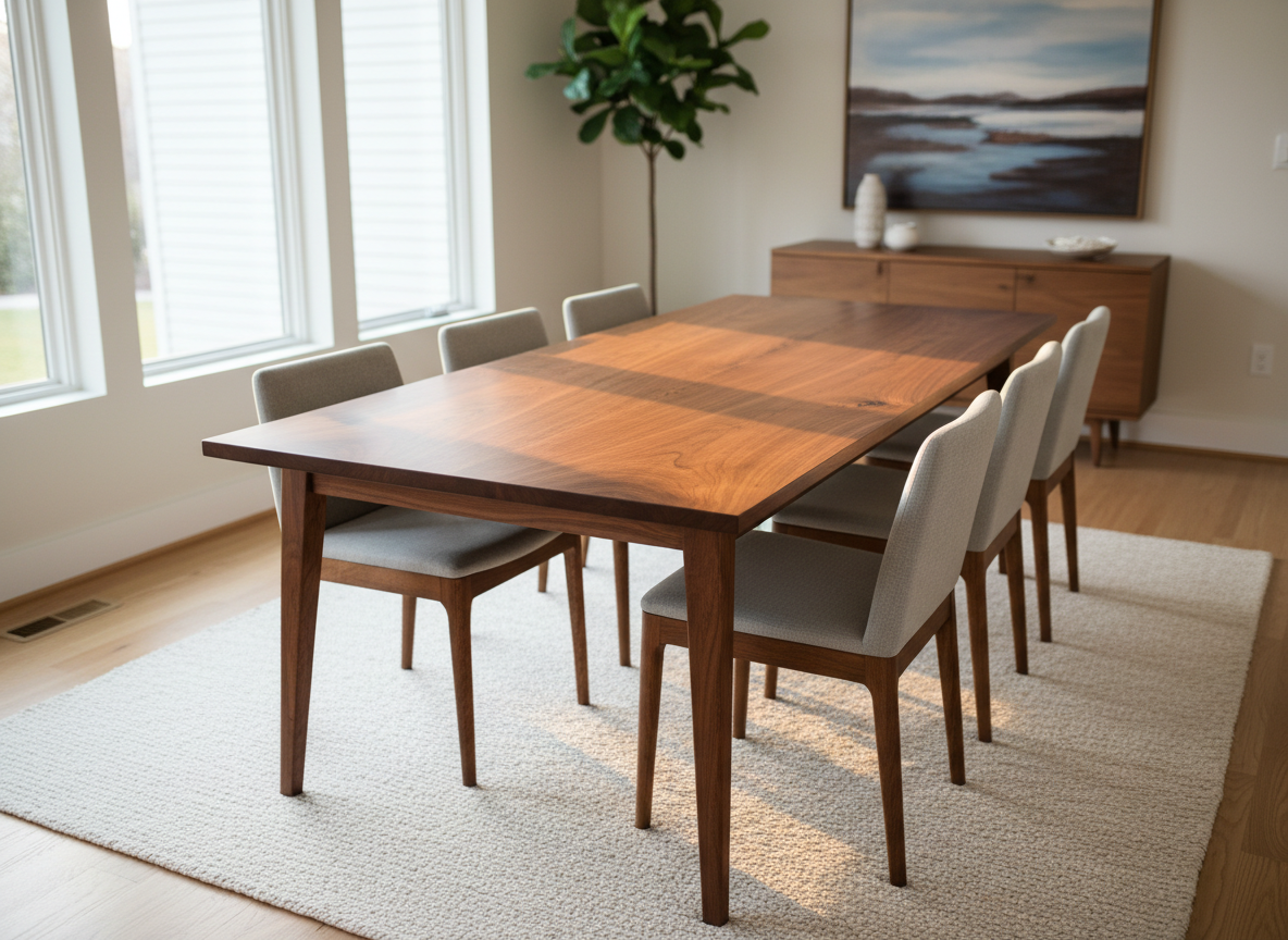 A finely crafted solid walnut dining table is the central focus, its smooth, hand-rubbed surface displaying rich grain and subtle natural imperfections that highlight the craftsmanship. The table stands in a bright, modern Denver, NC home interior with light oak floors and soft neutral walls, surrounded by simple, upholstered chairs that allow the wood to stand out. Late afternoon natural light streams through large windows, creating warm reflections across the tabletop and casting gentle shadows under tapered legs. Photographic realism, shot at eye level with a slight angle toward one corner of the table, sharp focus on the wood’s texture, with a softly blurred background for a calm, professional, welcoming atmosphere suitable for a woodworking business homepage hero image.