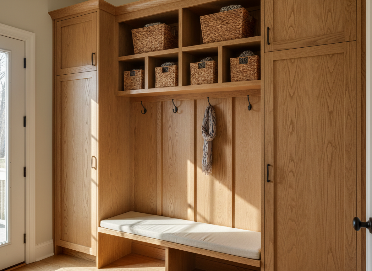 A cozy custom mudroom built-in occupies one side of a bright entryway, featuring floor-to-ceiling cabinetry in warm, stained white oak with vertical grain, open cubbies, and a solid wood bench with rounded front edge. Discreet hooks and woven baskets sit neatly in the cubbies, suggesting organized storage without using text or labels. Natural morning light from a nearby door window washes across the scene, highlighting the satin sheen of the finish and the subtle texture of the wood. Photographic realism, captured from a slightly elevated angle using rule-of-thirds composition, with crisp focus from foreground bench to upper cabinets. The mood is inviting and practical, showcasing custom home solutions typical of a local Denver, NC woodworking business.