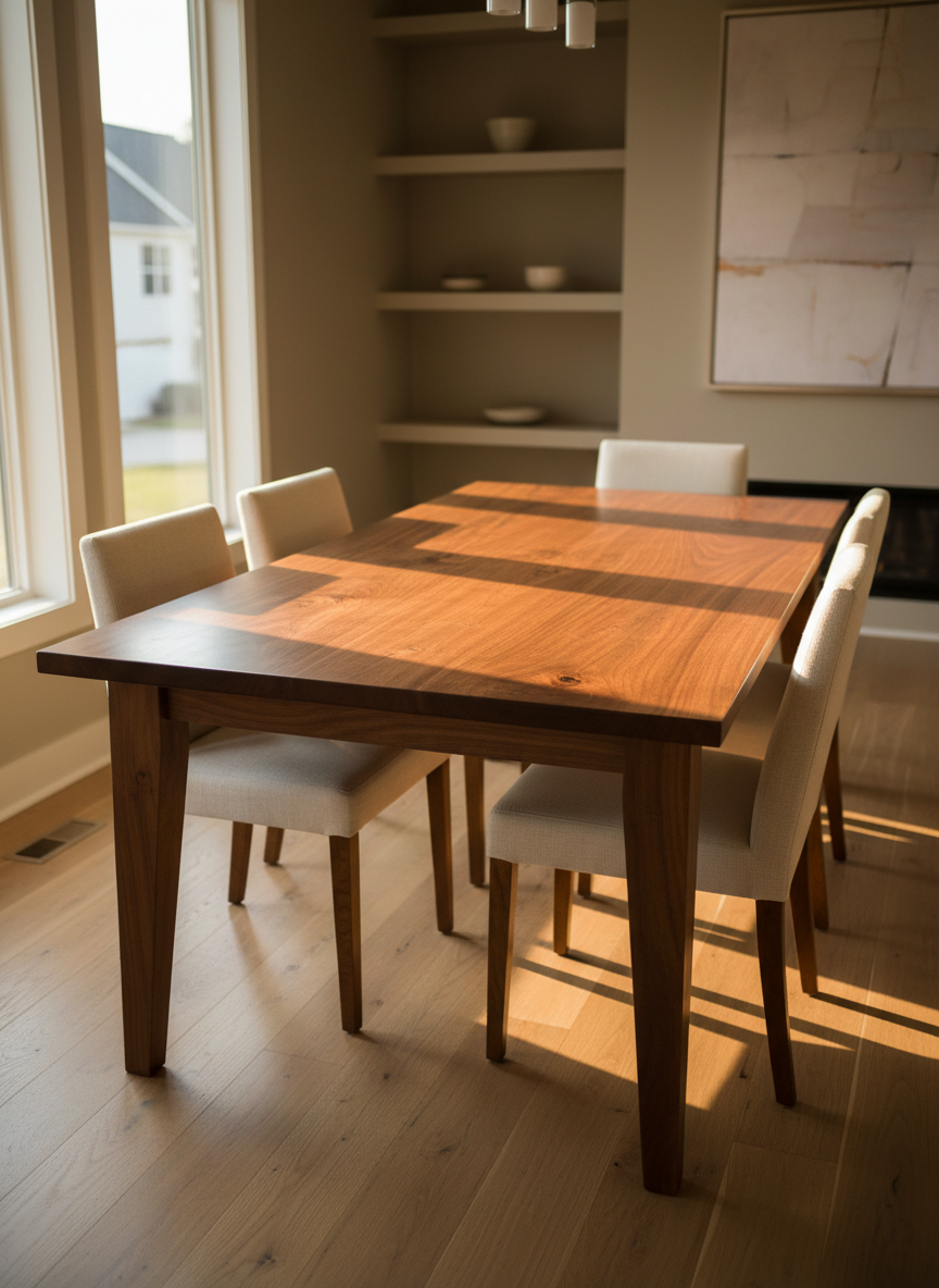 A finely crafted solid walnut dining table is the central focus, its smooth, hand-rubbed surface displaying rich grain and subtle natural imperfections that highlight the craftsmanship. The table stands in a bright, modern Denver, NC home interior with light oak floors and soft neutral walls, surrounded by simple, upholstered chairs that allow the wood to stand out. Late afternoon natural light streams through large windows, creating warm reflections across the tabletop and casting gentle shadows under tapered legs. Photographic realism, shot at eye level with a slight angle toward one corner of the table, sharp focus on the wood’s texture, with a softly blurred background for a calm, professional, welcoming atmosphere suitable for a woodworking business homepage hero image.